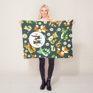 Cutom name adorable pattern raccoons navy blue  fleece blanket