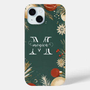 Cutom Name Monogram Festive Christmas Ornaments iPhone 15 Case