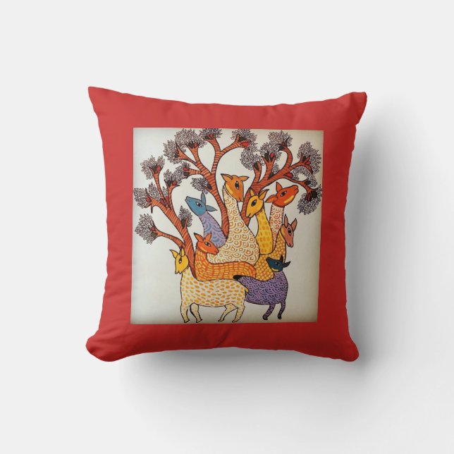 Cutomizable Gond Art - Deer painting Pillow (Front)