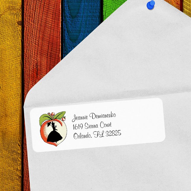Cutomized Peach Southern Belle Return Address Label (Silhouette of Southern Bell on a big Georgia peach with leaves on white return address labels.)