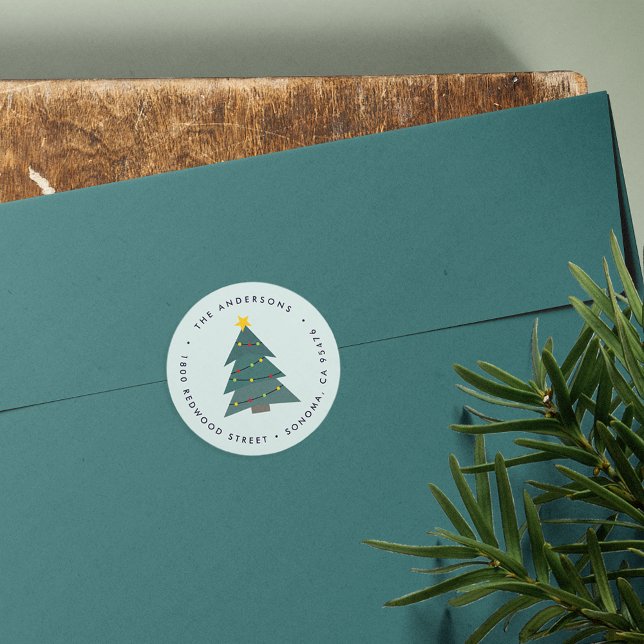 Cutout Christmas Tree | Holiday Return Address Classic Round Sticker (Creator Uploaded)