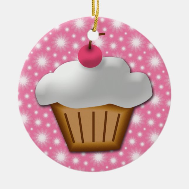 Cutout Cupcake with Pink Cherry on Top Ceramic Ornament (Front)