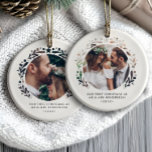 Cutout Framed 2-Photo First Christmas As Mr & Mrs Ceramic Ornament<br><div class="desc">Celebrate your first Christmas as newlyweds with this elegant ceramic ornament, beautifully designed to capture and preserve the joy of your special milestone. Featuring a circular cutout framed with a delicate botanical design, this ornament offers the perfect showcase for your favorite wedding or couple photos. The neutral background and intricate...</div>