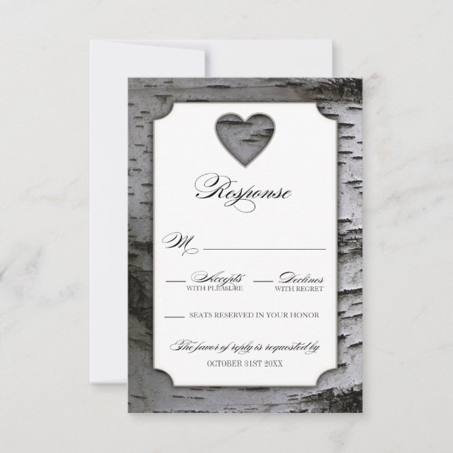 Cutout Heart Birch Tree Bark Wedding RSVP Cards (Front)