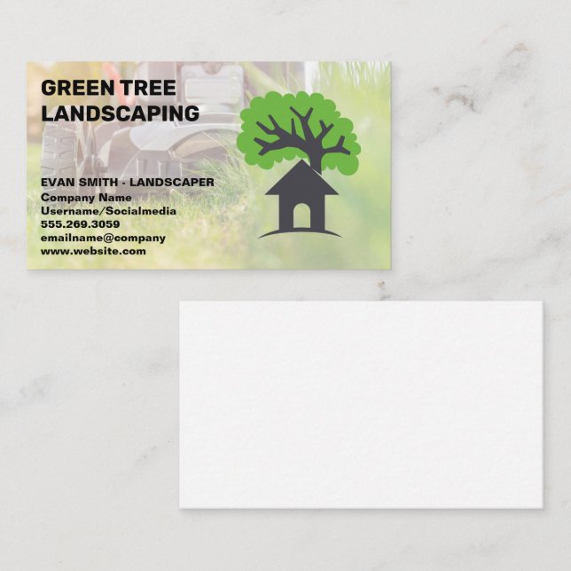 Cutting Grass | Tree Home Logo Business Card (Front/Back)