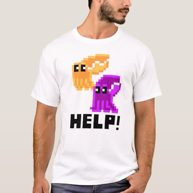 Cuttlefish Danger 'Help!' Pixel Art Mens T-Shirt (Front)