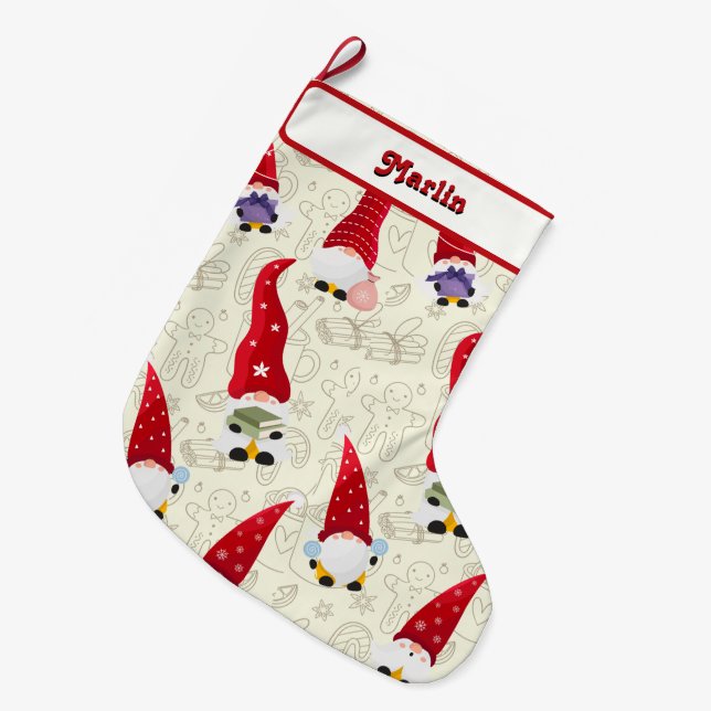 Cuute Scandinavian Holiday Gnome  Large Christmas Stocking (Front (Hanging))