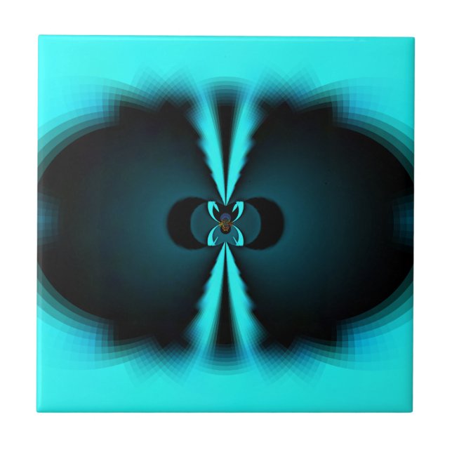 Cyan and Black Abstract Art Print Ceramic Tile (Front)