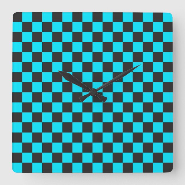 Cyan and charcoal checkerboard pattern square wall clock (Front)