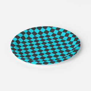 Cyan and charcoal chequerboard pattern paper plate