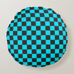 Cyan and charcoal chequerboard pattern round cushion
