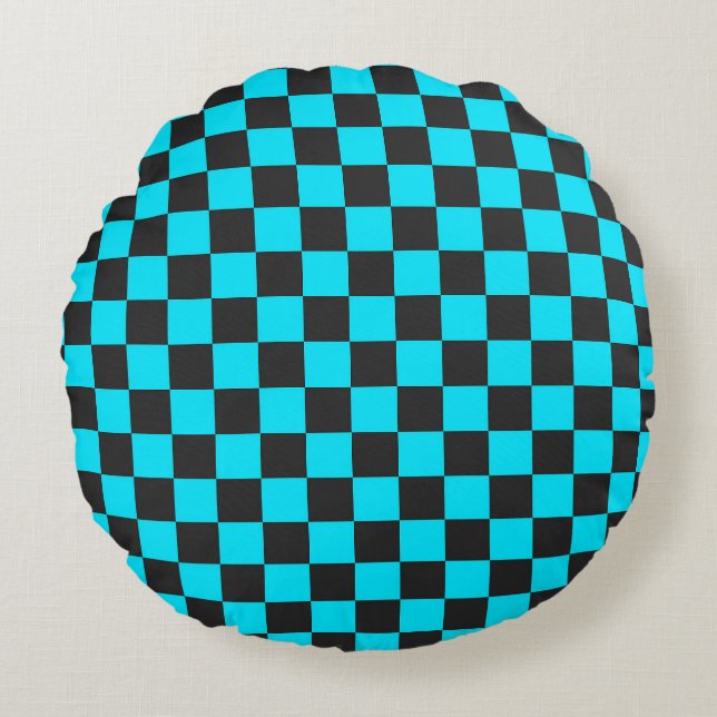 Cyan and charcoal chequerboard pattern round cushion (Front)