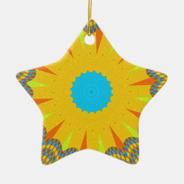 Cyan and Gold Mandala Art Print Ceramic Ornament (Front)