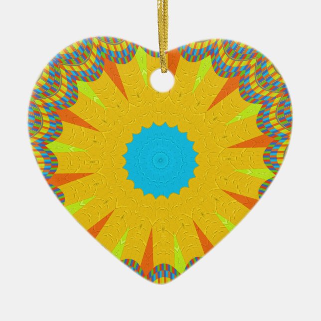 Cyan and Gold Mandala Art Print Ceramic Ornament (Front)