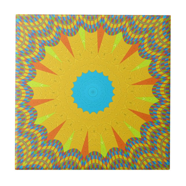 Cyan and Gold Mandala Art Print Ceramic Tile (Front)