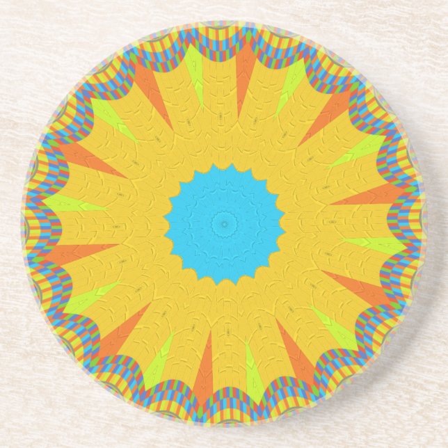 Cyan and Gold Mandala Art Print Coaster (Front)