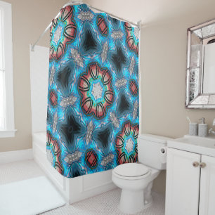 Cyan and silver kaleidoscope with rough painted shower curtain