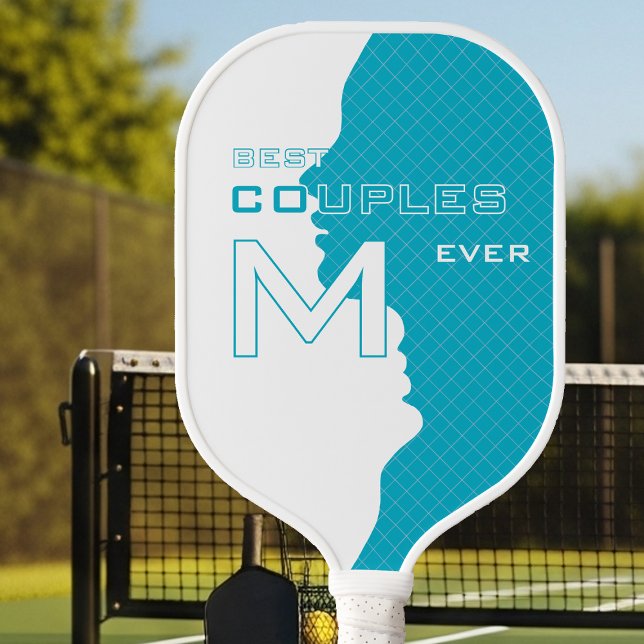 Cyan Best Couples with Monogramed initials w grid Pickleball Paddle (Creator Uploaded)