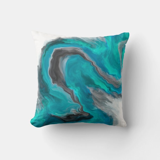 Cyan Black Grey Jewel Tone Fluid Art Painting Cushion (Front)