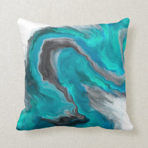 Cyan Black Grey Jewel Tone Fluid Art Painting Cushion