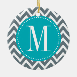 Cyan Blue and Grey Chevron Custom Monogram Ceramic Ornament