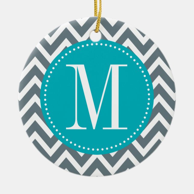 Cyan Blue and Grey Chevron Custom Monogram Ceramic Ornament (Front)