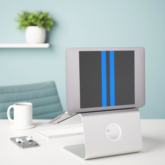 Cyan Blue Carbon Fibre Style Racing Stripes (Laptop On Desk)