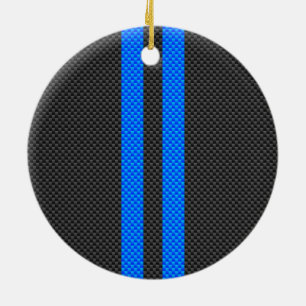 Cyan Blue Carbon Fibre Style Racing Stripes Ceramic Ornament
