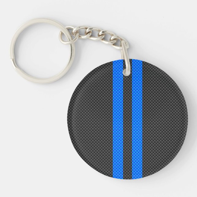 Cyan Blue Carbon Fibre Style Racing Stripes Key Ring (Front)