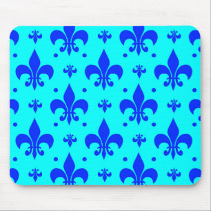 Cyan Blue Fleur-de-lis Pattern Design Mouse Pad