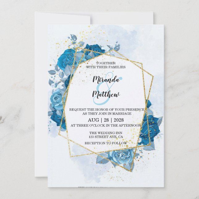 Cyan Blue Florals Gold Geometric Wedding  Invitation (Front)