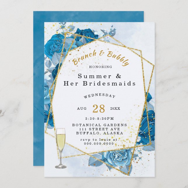 Cyan Blue Gold Geometric Brunch and Bubbly Invitation (Front/Back)