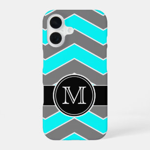 Cyan Blue, Grey, Black Chevron, Monogrammed iPhone 16 Case