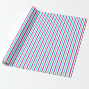 Cyan Blue Pink White Stripes Wrapping Paper