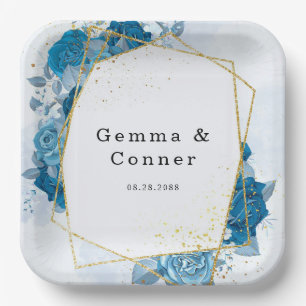 Cyan Blue Rustic Geometric Floral Wedding Paper Plate
