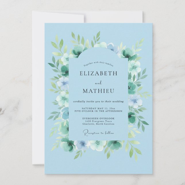 Cyan Blue Tranquil Botanical Wedding Invitation (Front)