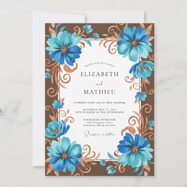 Cyan Bronze Blossom Wedding Invitation (Front)