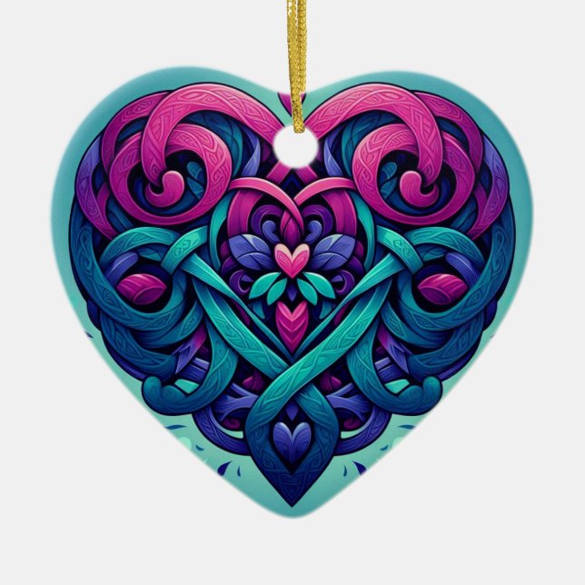 Cyan Celtic Heart Ceramic Ornament (Front)