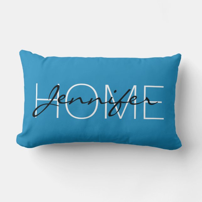 Cyan cornflower blue colour home monogram lumbar cushion (Front)