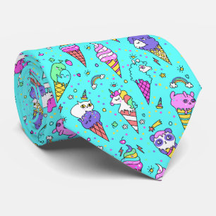 Cyan cute ice-cream can unicorn pattern tie