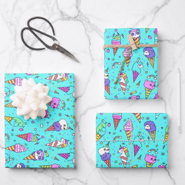 Cyan cute ice-cream can unicorn pattern wrapping paper sheet (Front)