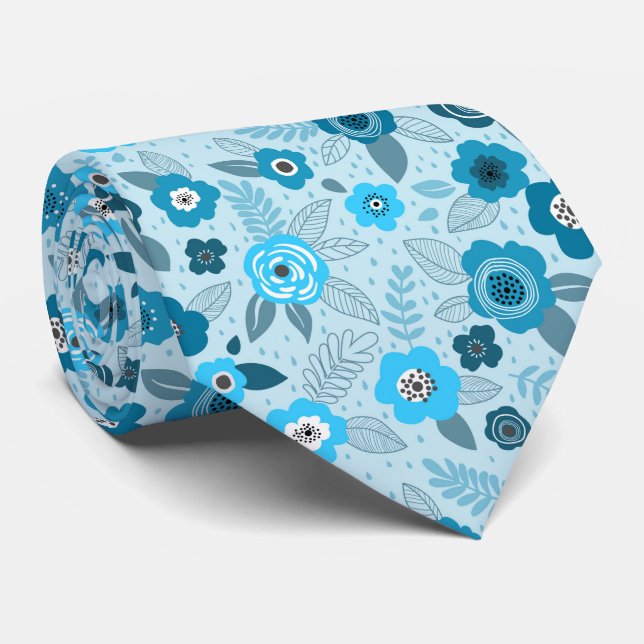 Cyan elegant ditsy floral pattern tie (Rolled)