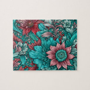 Cyan flowers Surreal Blossoms in red and blue Jigsaw Puzzle