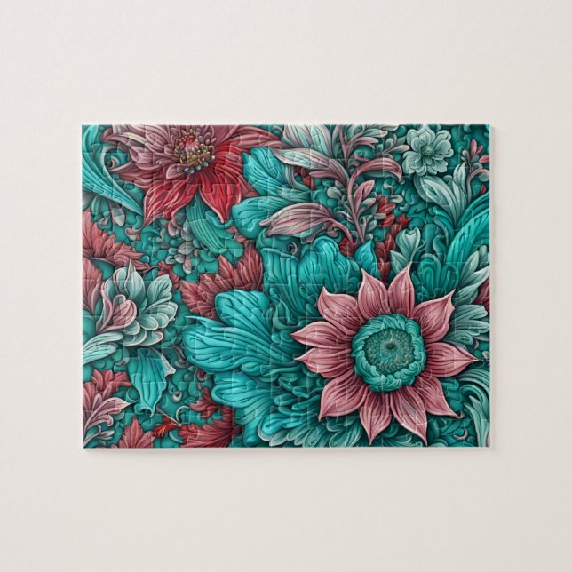 Cyan  flowers Surreal Blossoms in red and blue Jigsaw Puzzle (Horizontal)