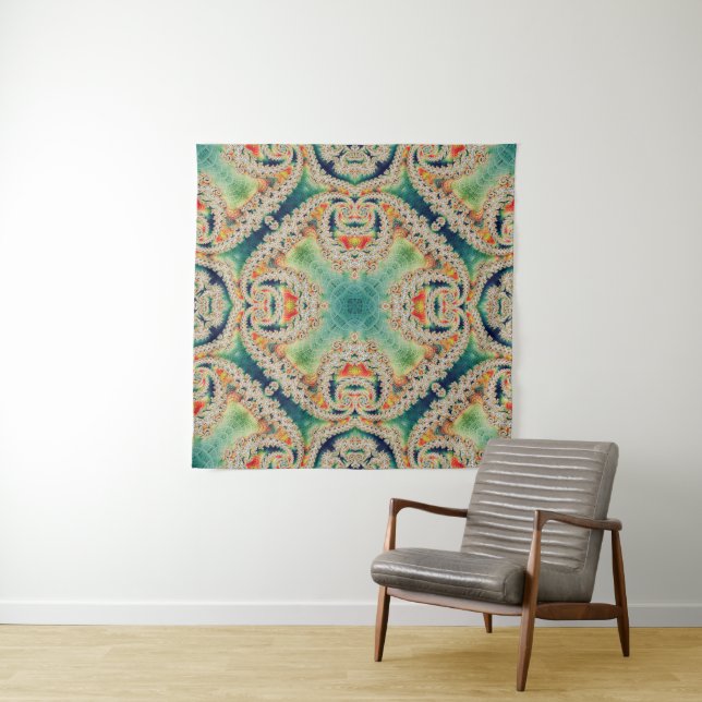 Cyan Fractal | Psychedelic Art Tapestry (In Situ (Horizontal))
