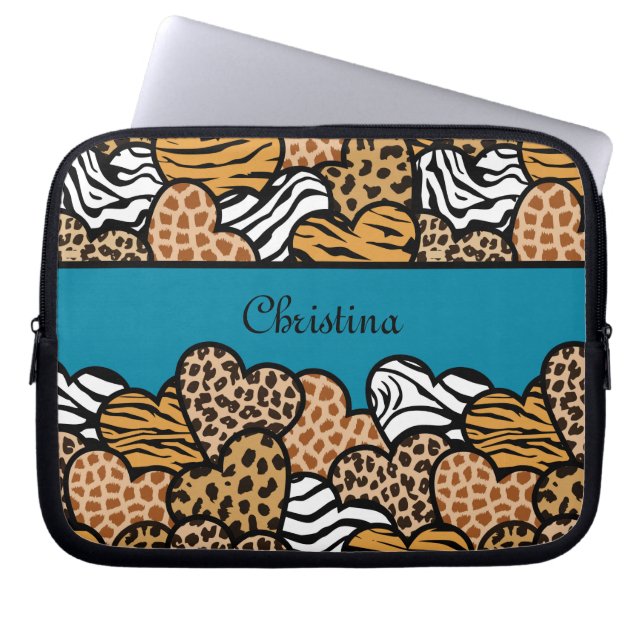 Cyan Girly animal print hearts with a name Laptop Sleeve (Front)
