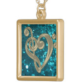 Cyan Glitter Music Treble Bass Clef Heart Necklace (Front Right)