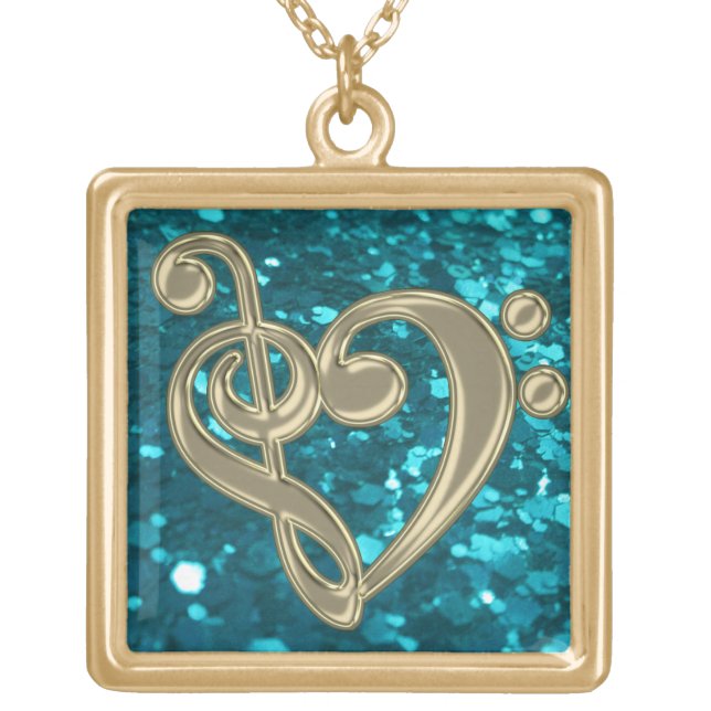 Cyan Glitter Music Treble Bass Clef Heart Necklace (Front)