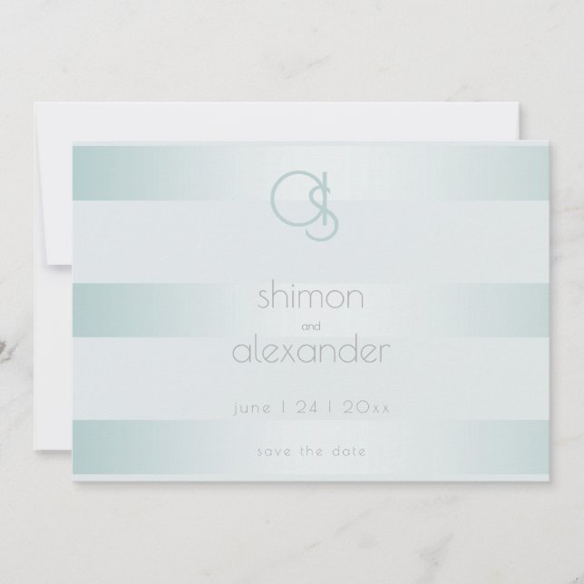 Cyan Green Shimmery Stripes Monogram Save The Date (Front)