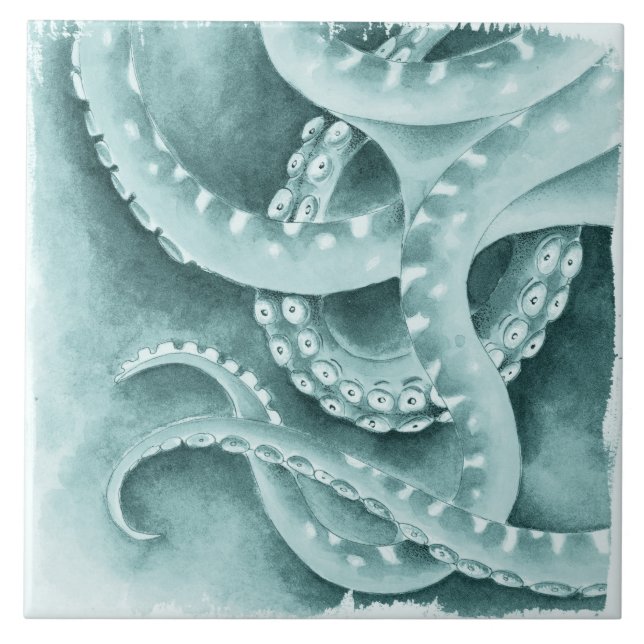 Cyan Green tentacles monochrome Ceramic Tile (Front)